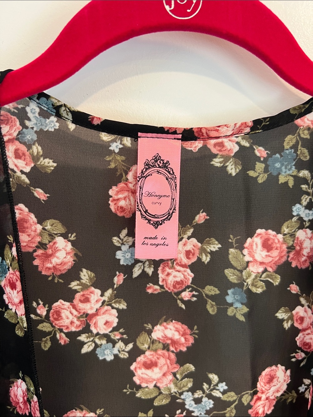 Honeyme Black Sheer Floral Kimono with Pink Roses - Picture 4 of 5